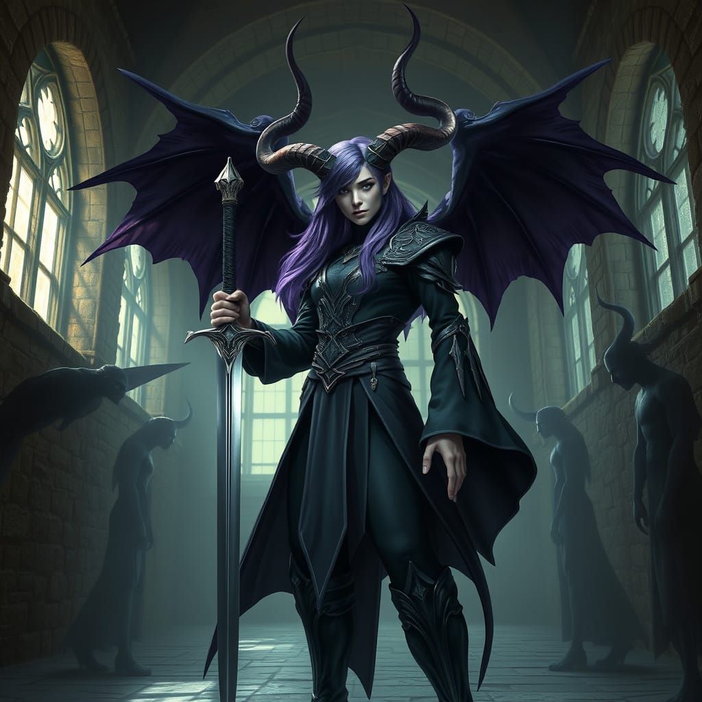 Fantasy Character with Sword in Stone Hall