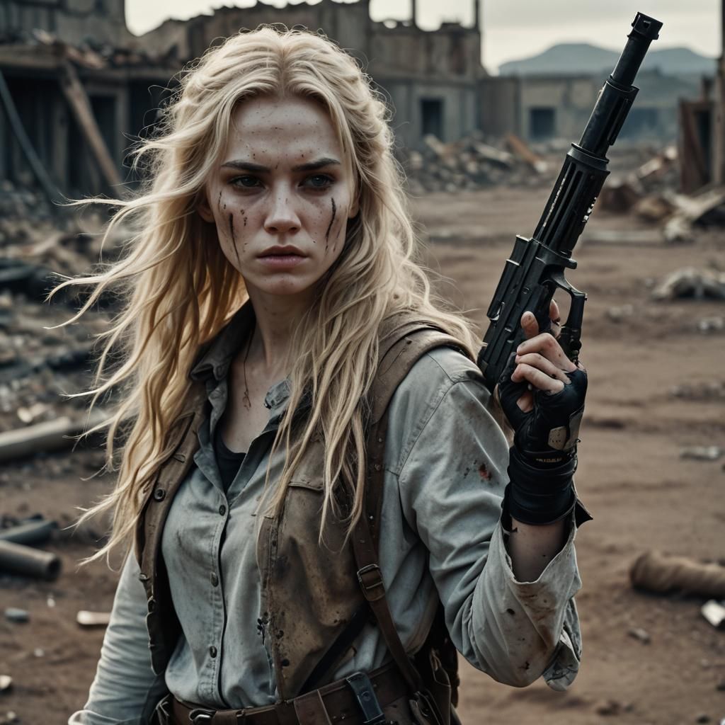 Ethereal Woman Brandishes Weapon in Wasteland