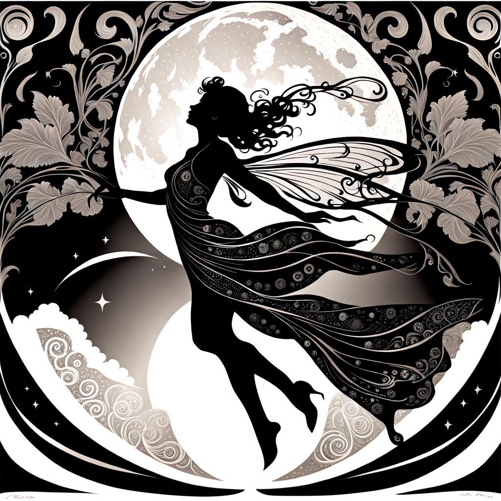Fairy Silhouette with Art Nouveau Wings Riso Print