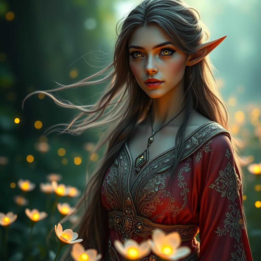 Elf Woman in Field of Glowing Flowers