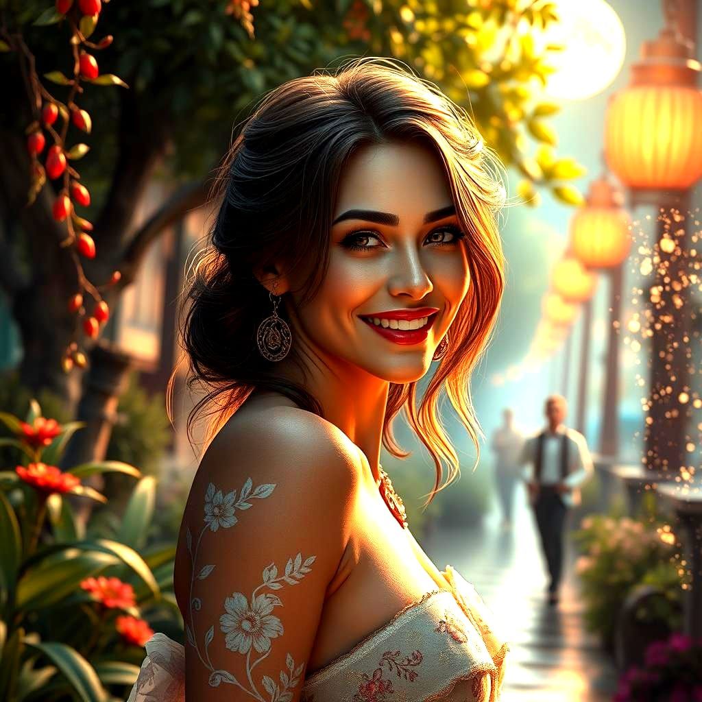 Woman's Radiant Smile in a Detailed Matte Painting