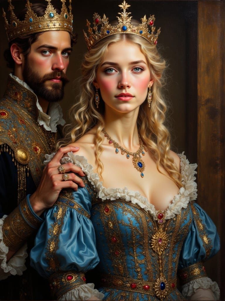 Medieval Queen and King Portrait in Romanticism Style