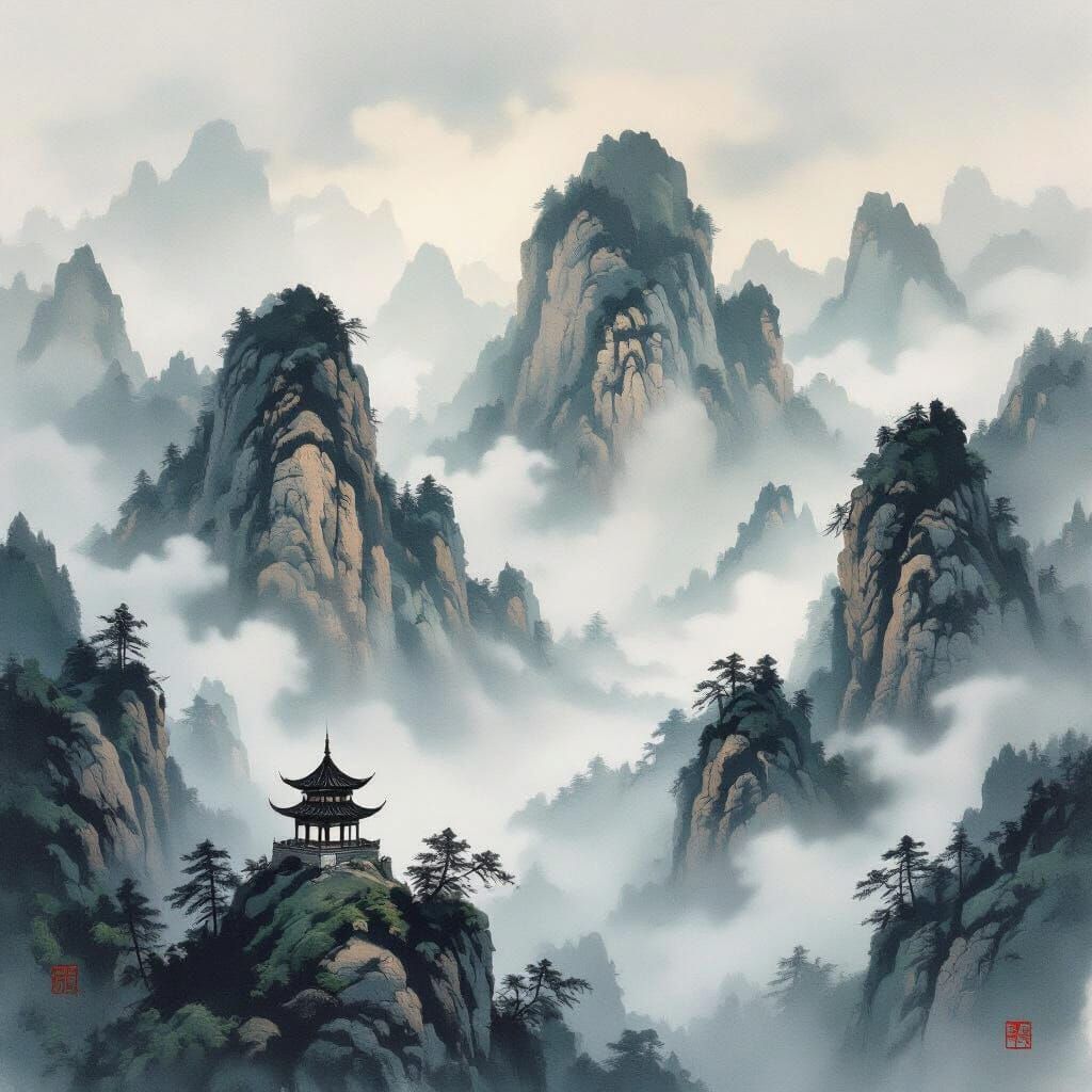 Ancient Chinese Ink Wash Mountain Painting