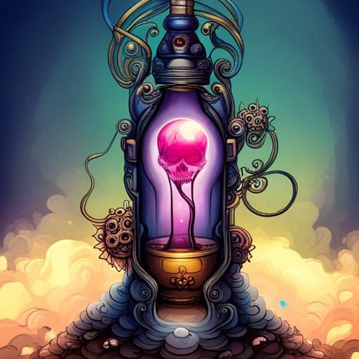 Witch in Lava Lamp with Steampunk Engine