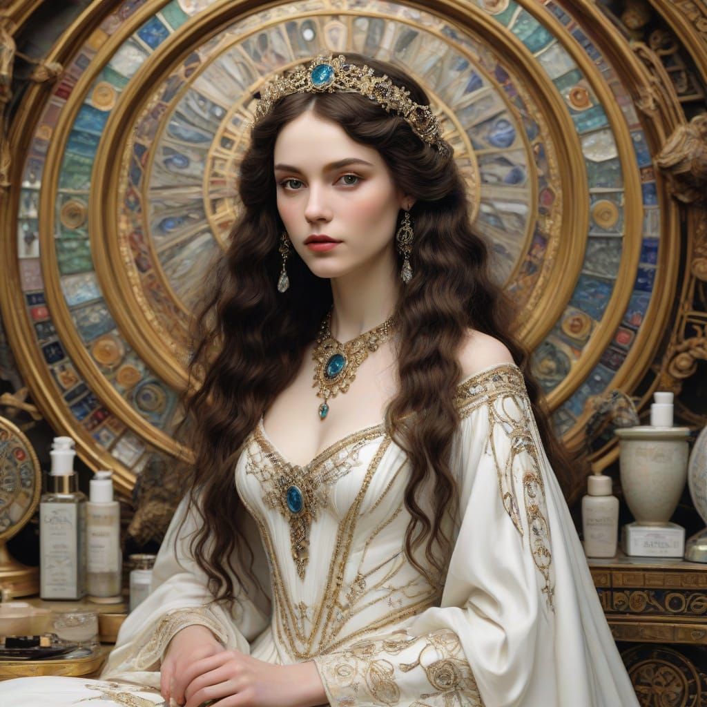 Ethereal Goddess of Beauty in Art Deco Cosmetics Wonderland