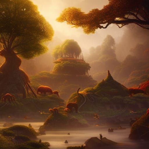 Pod Creatures in a Fantastical Forest Village