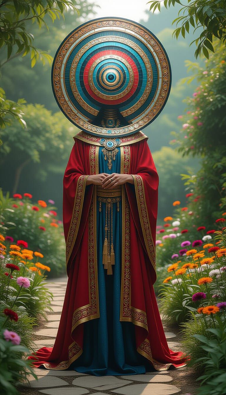 Regal Entity with Cosmic Eyes in Serene Garden