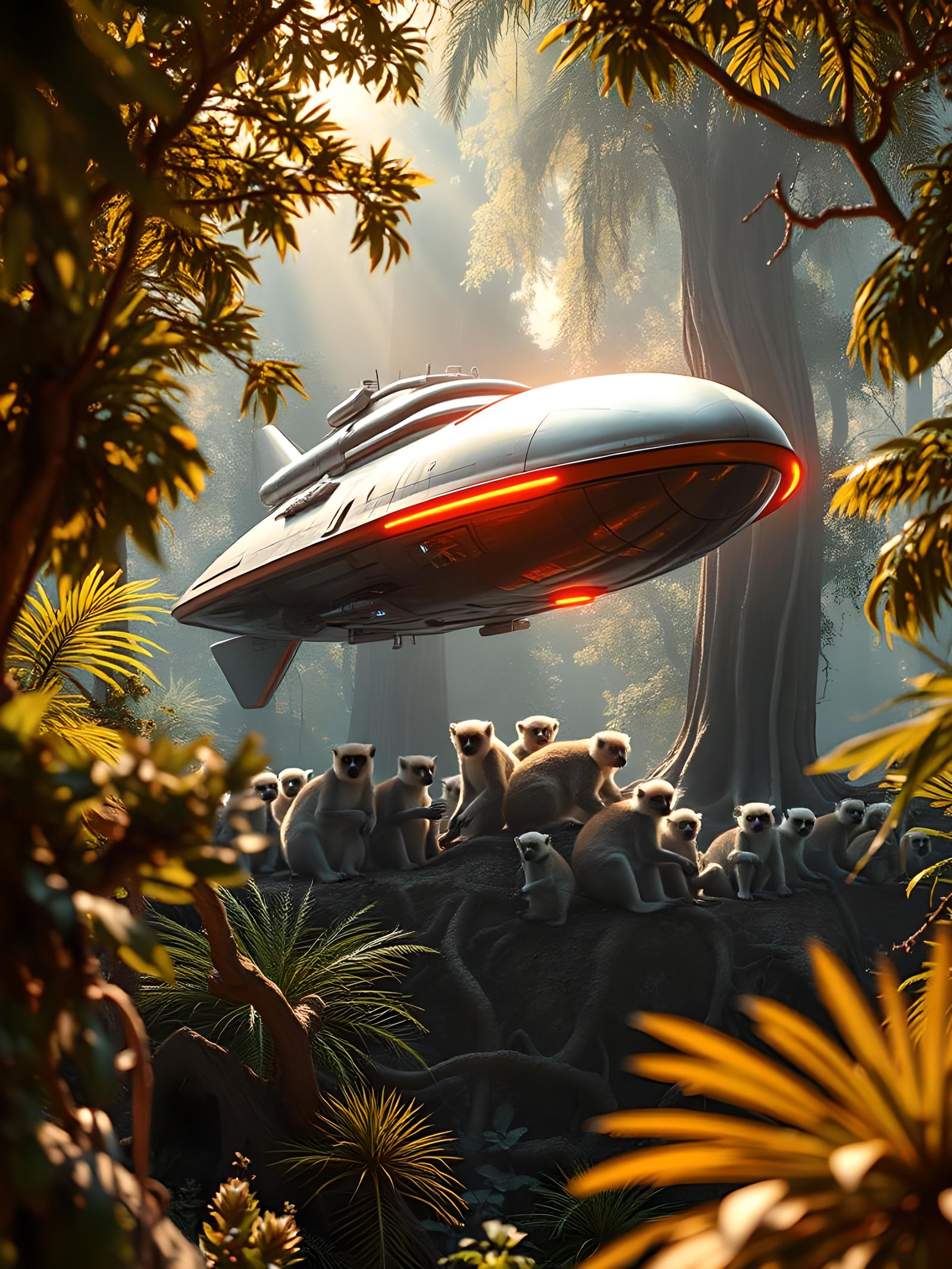 Retro Spaceship Over Lemur Colony: Cinematic Digital Art