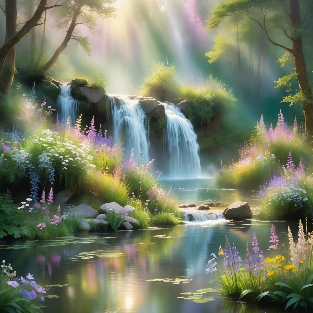 Enchanted Fairyland Forest, waterfall, pond, wildflowers, bi...