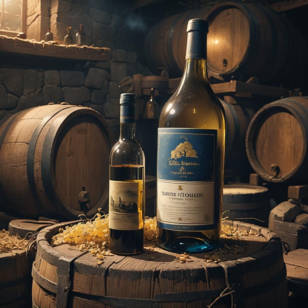 French White Wine in Dimly Lit Cellar
