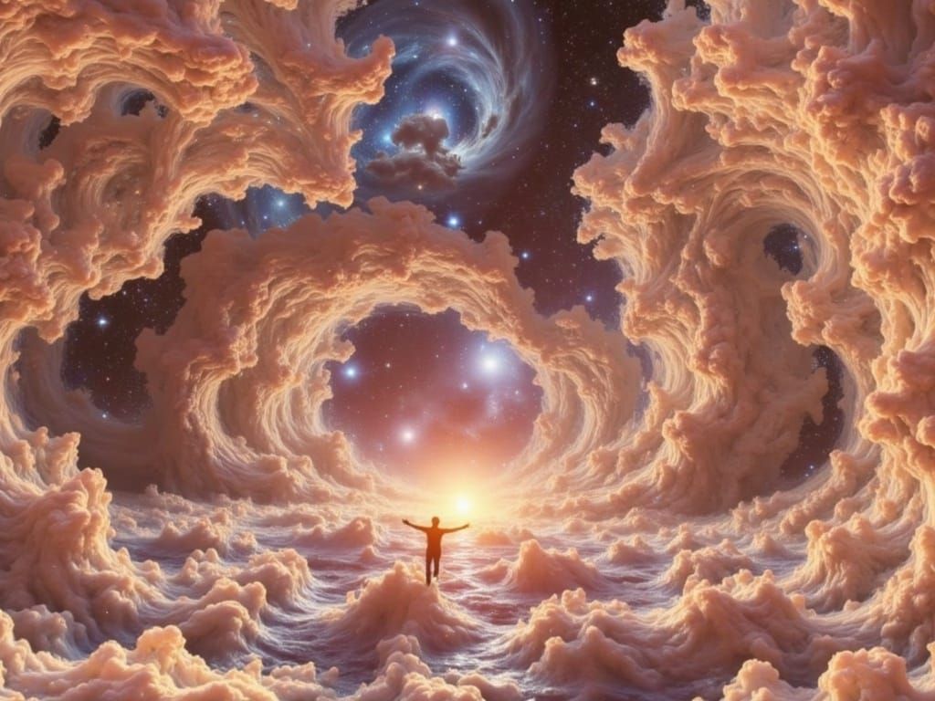 Cosmic Traveler in Vibrant Fractal Universe