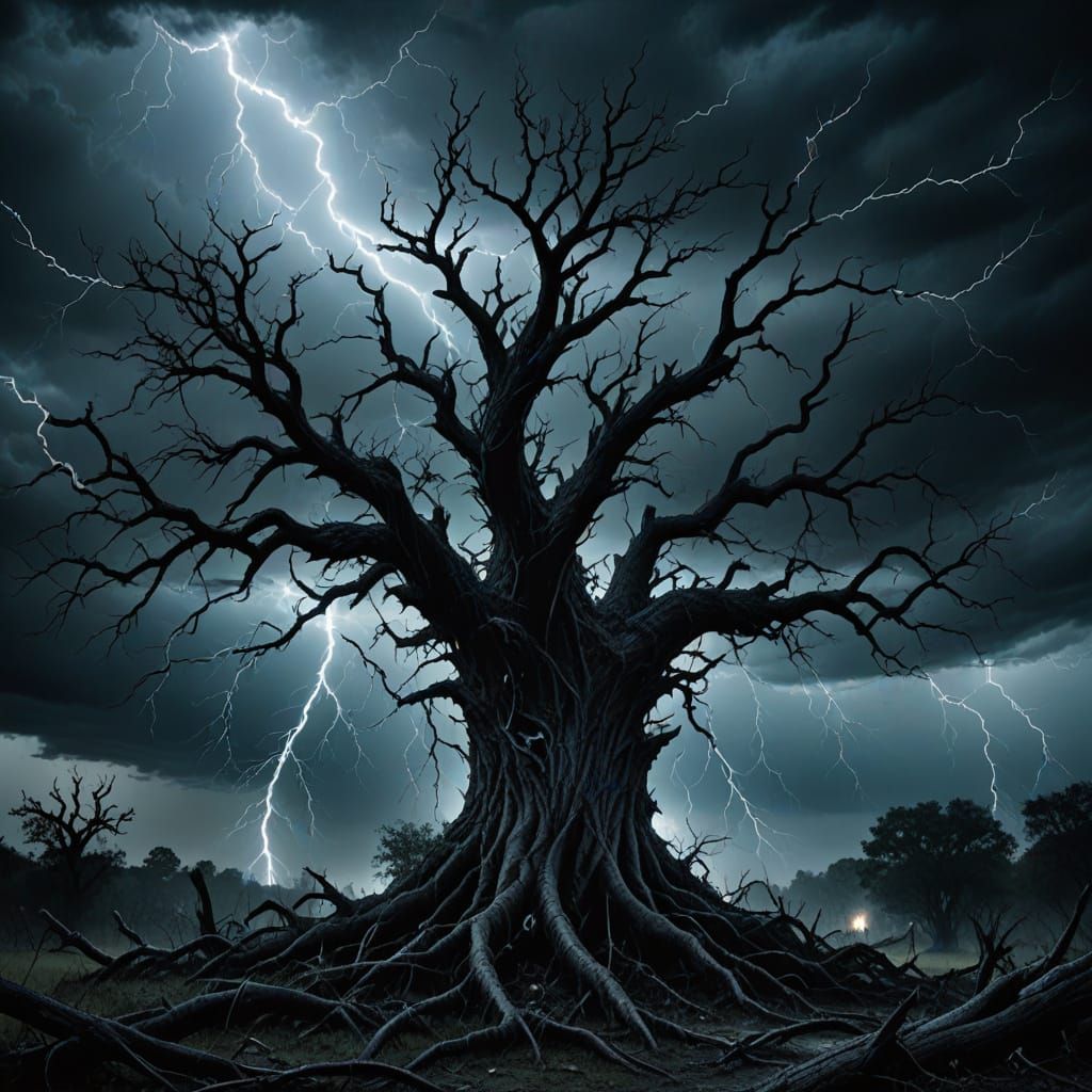 Gothic Tree Struck by Lightning in a Stormy Night