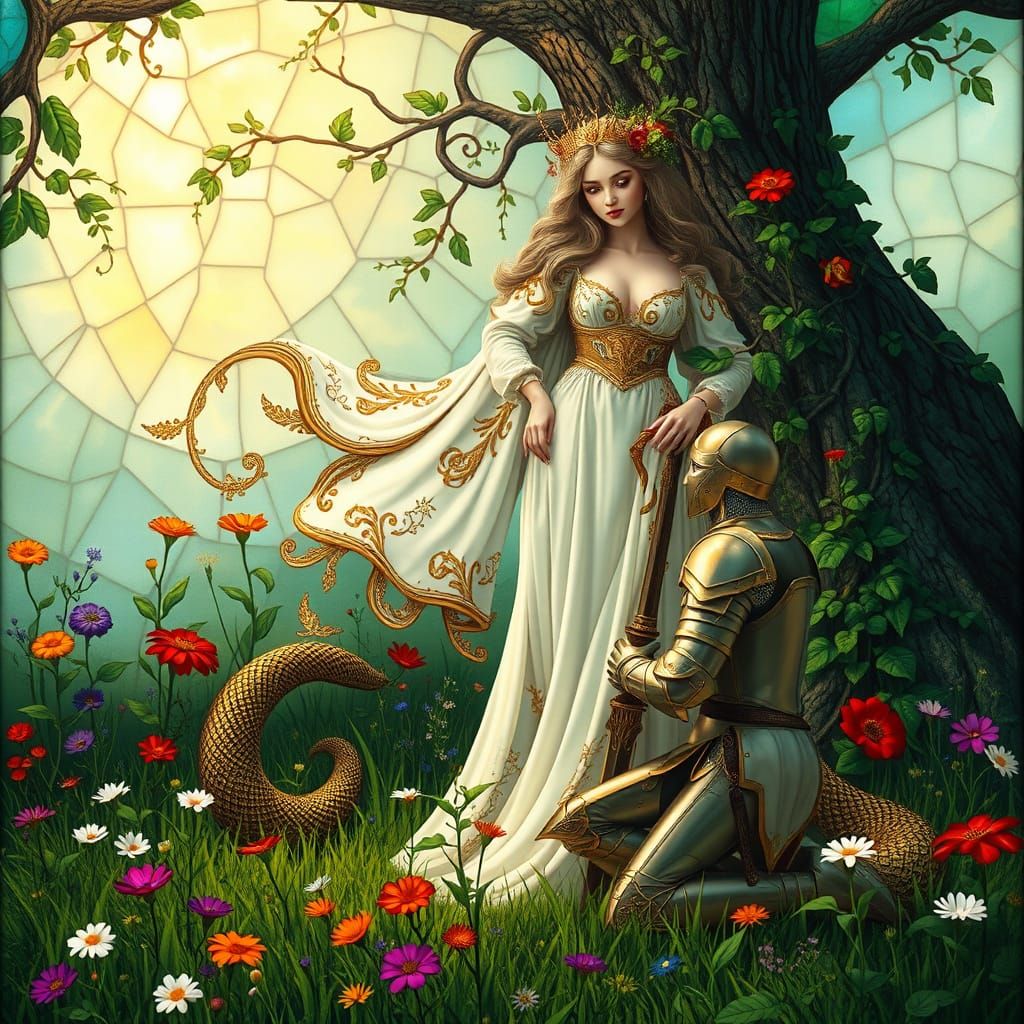 Regal Lamia in Stained Glass-Lit Meadow