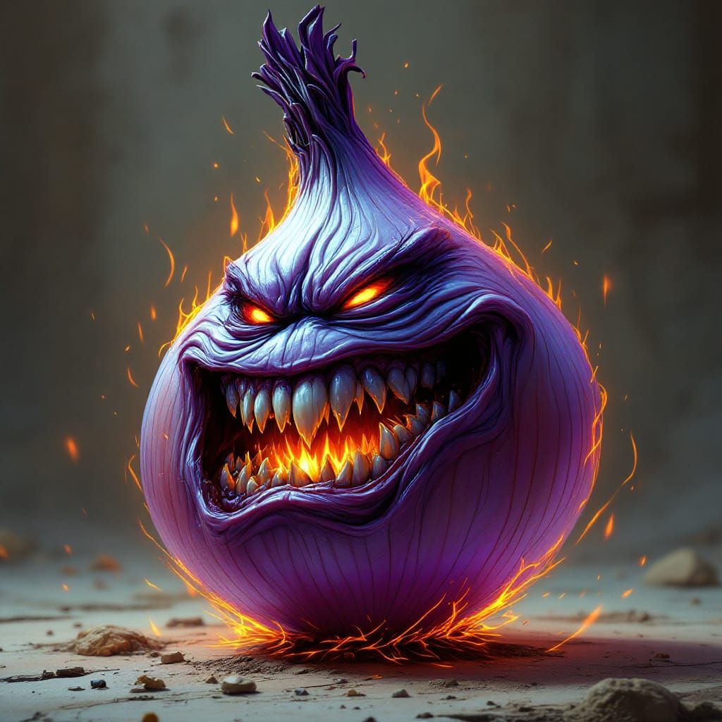 Furious Anthropomorphic Onion in Futuristic Style