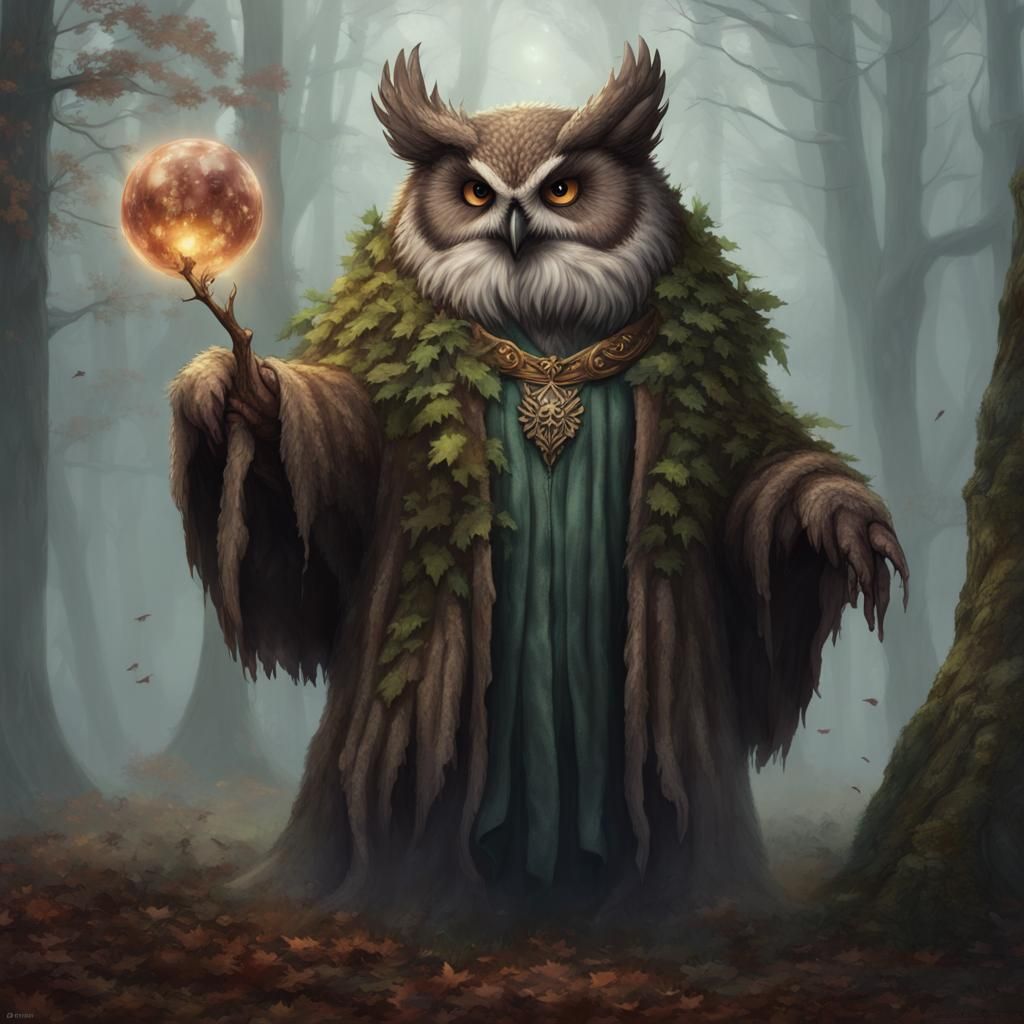 Mystical Owlbear Magician in Forest Scene