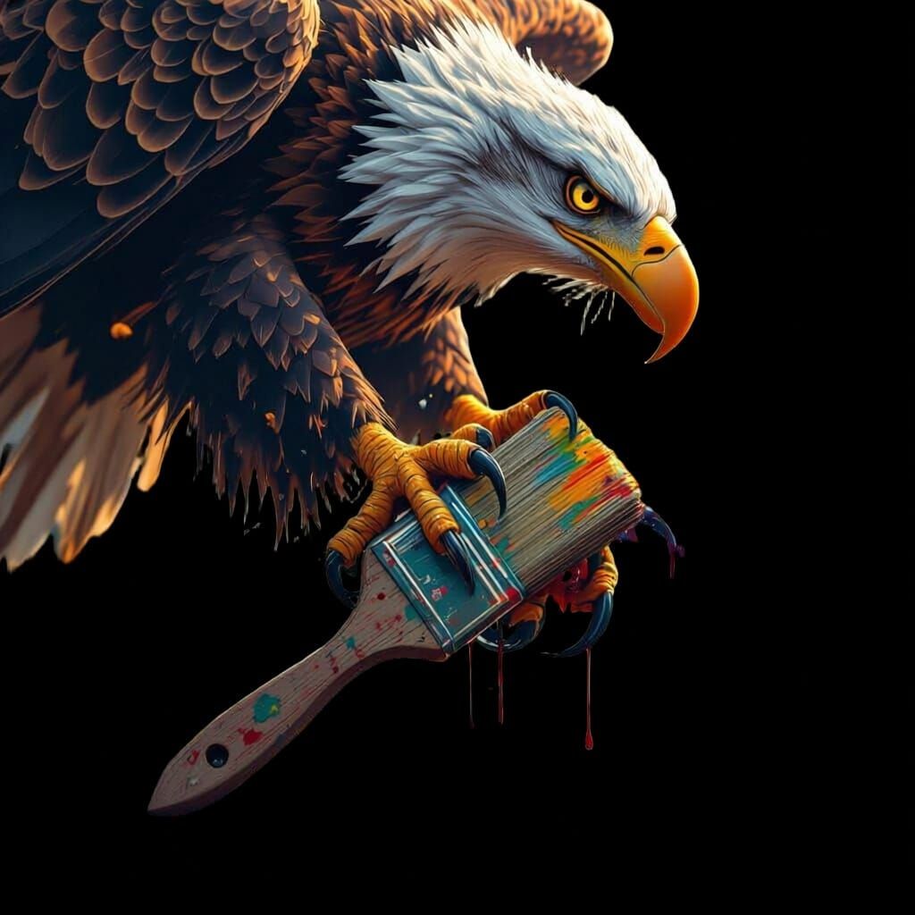 Eagle Claw Holds Paintbrush with Vibrant Color Splatters