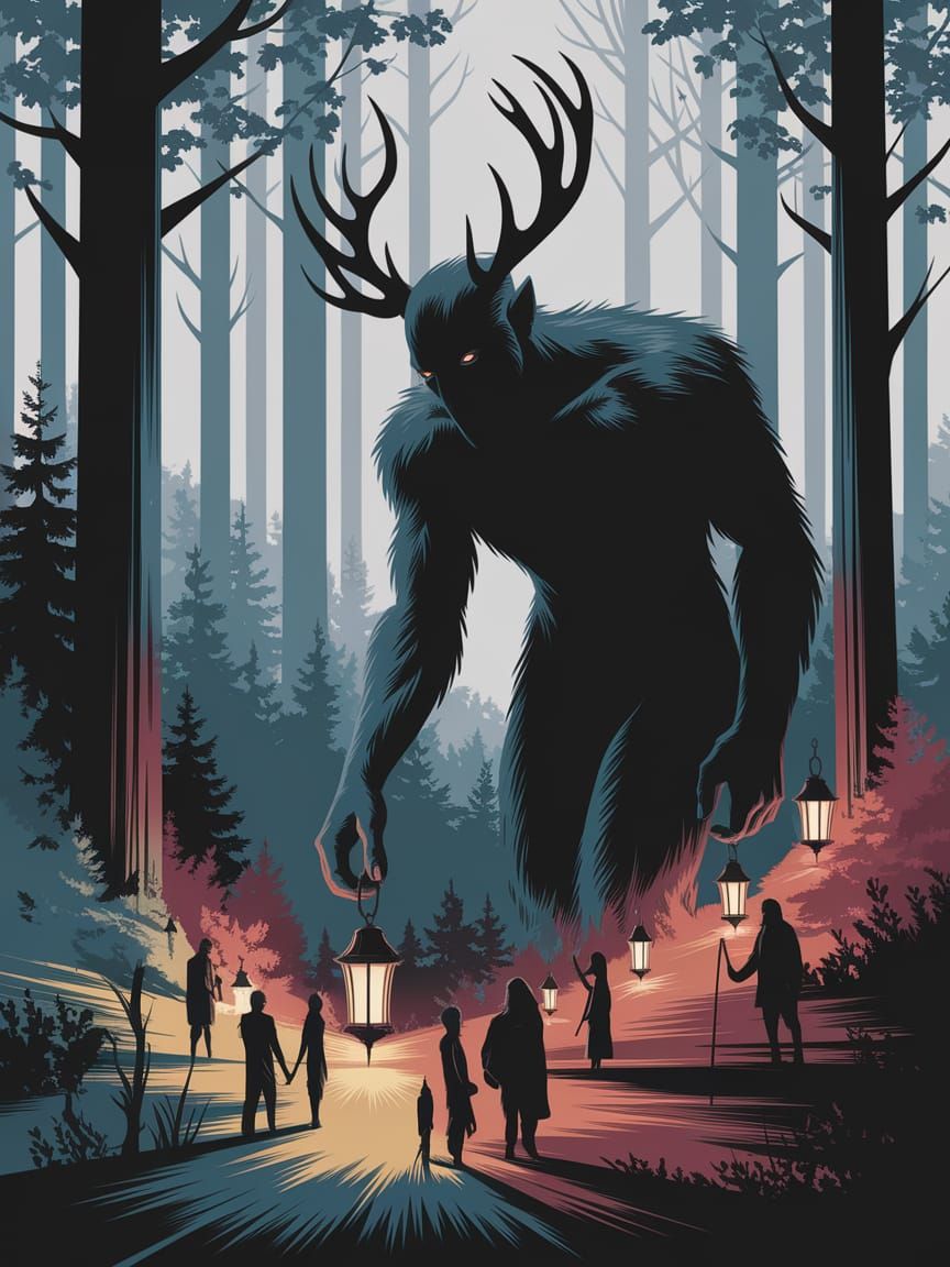 Antlered Giant Lights Forest Lanterns in Abstract Style