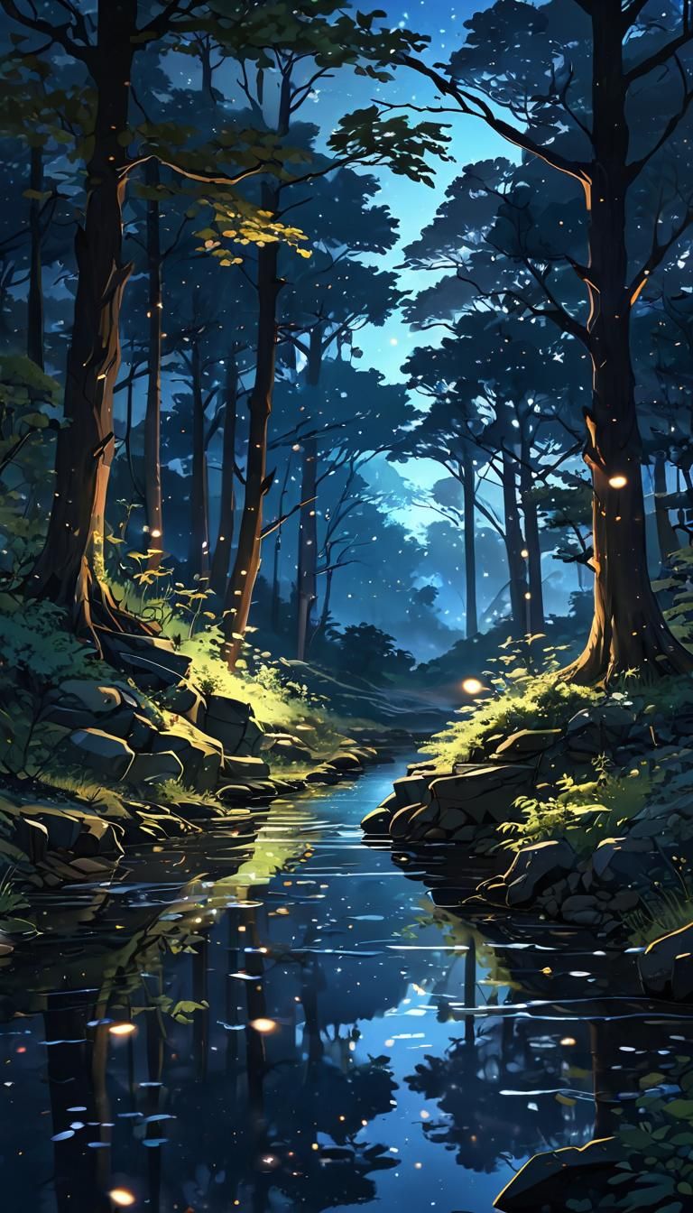 Lush Forest at Night in 2.5D Anime Style