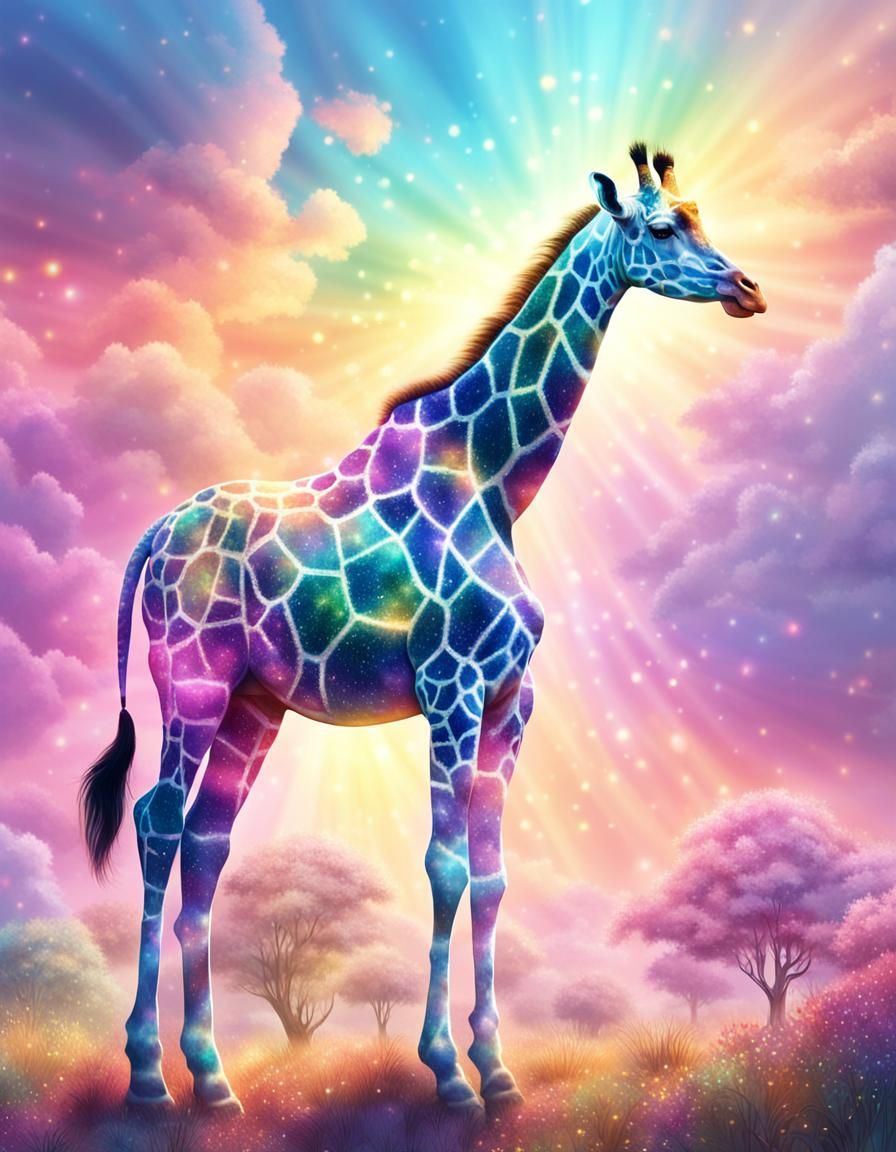 Iridescent Glowing Unicorn Giraffe in African Landscape