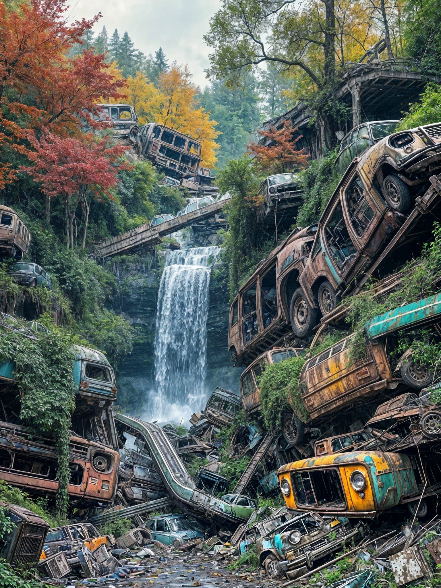 Post-Apocalyptic Junkyard Reclaimed by Nature in Hyperrealis...
