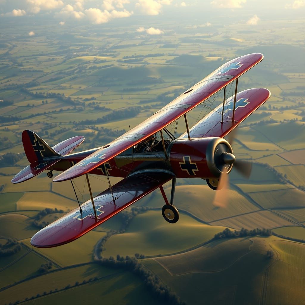 Red Baron Biplane Soaring Over Countryside, 3D Render