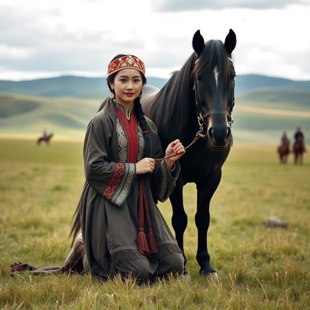 Mongolian Woman with Horse on Grassy Steppe