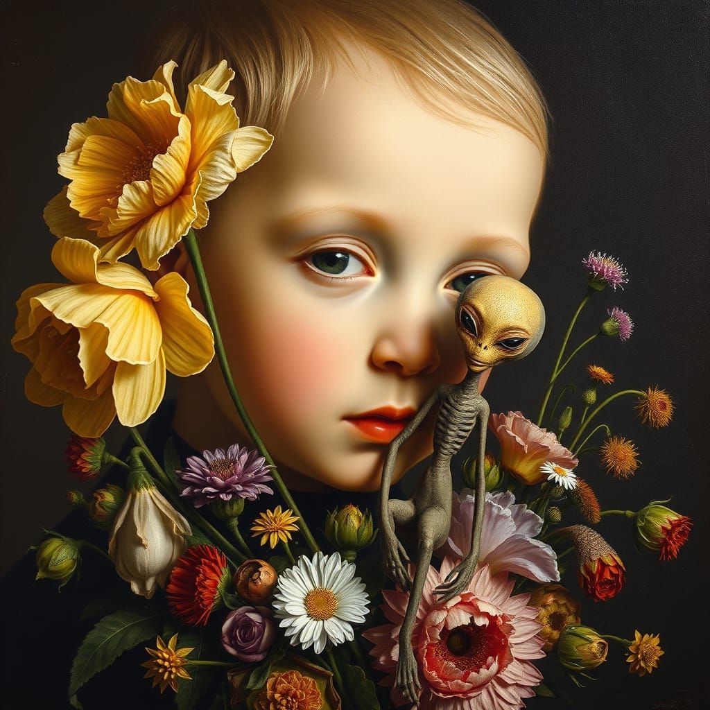 Rembrandt Style: Child with Flowers and Alien