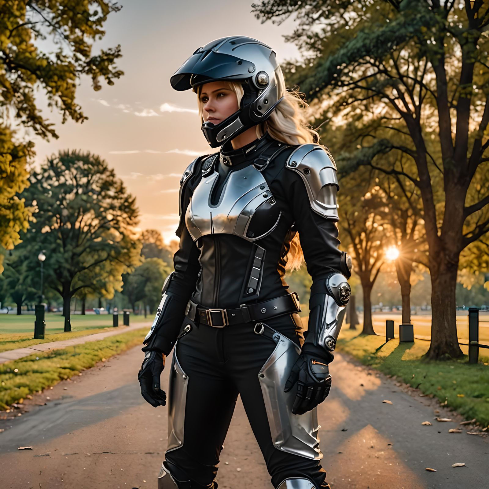 Biopunk Motorcycle Rider at Sunset