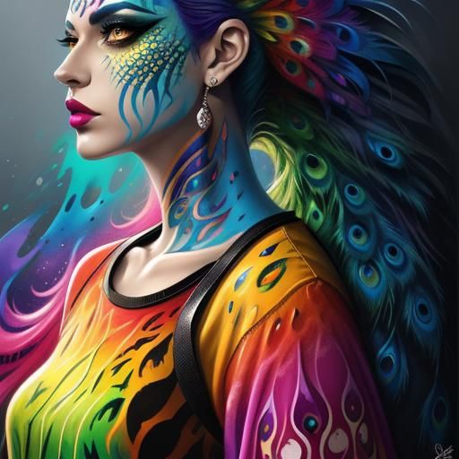 Woman with Rainbow Dragon Scales in Graffiti Art
