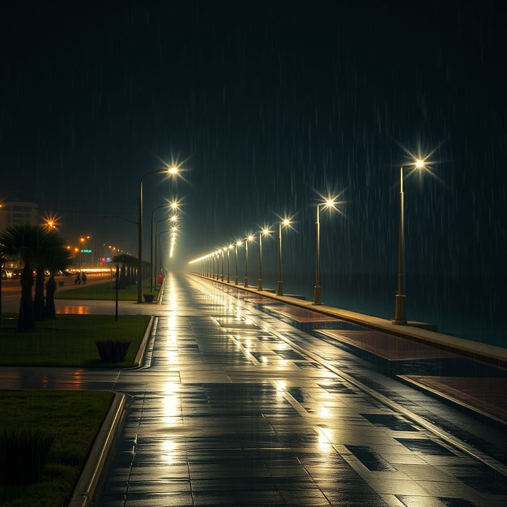 Seaside Boulevard at Midnight in Cinematic Hyperrealism