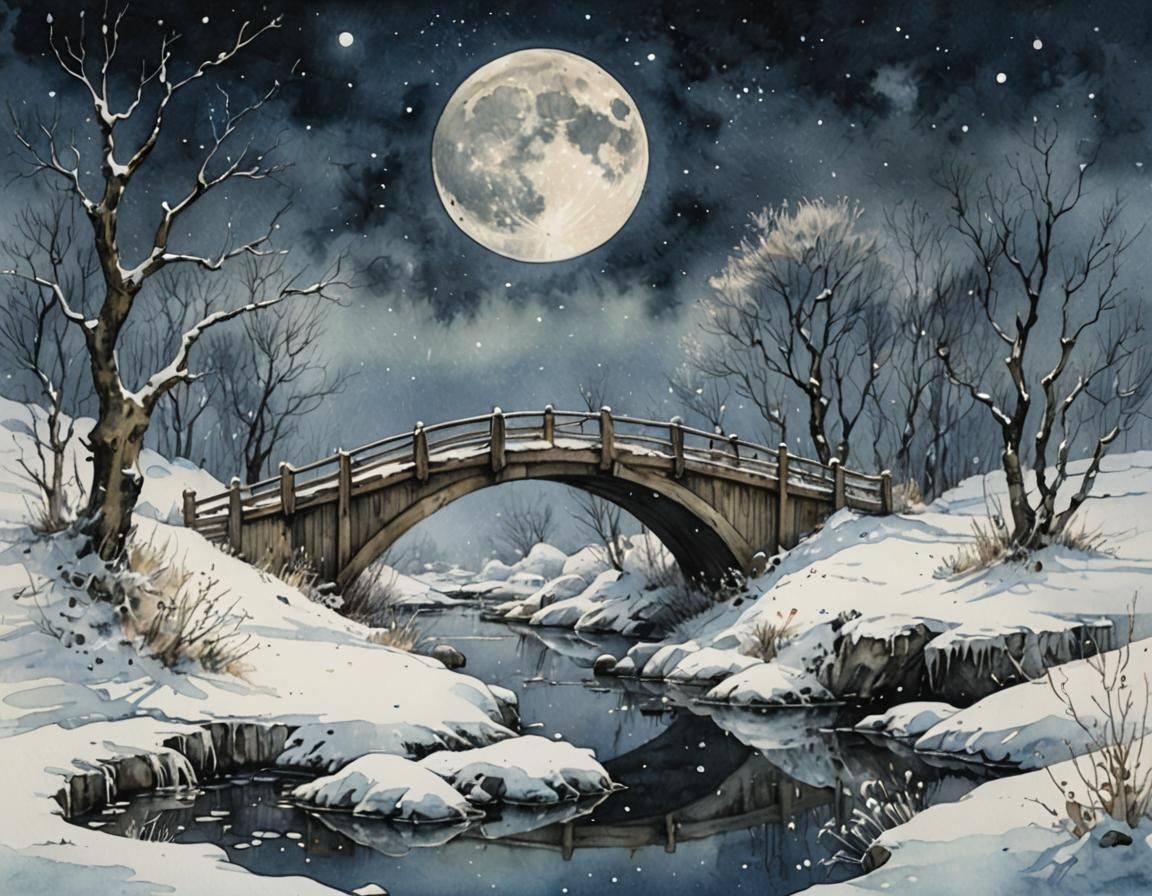 Winter Moonlit Landscape Painting in Monge Style