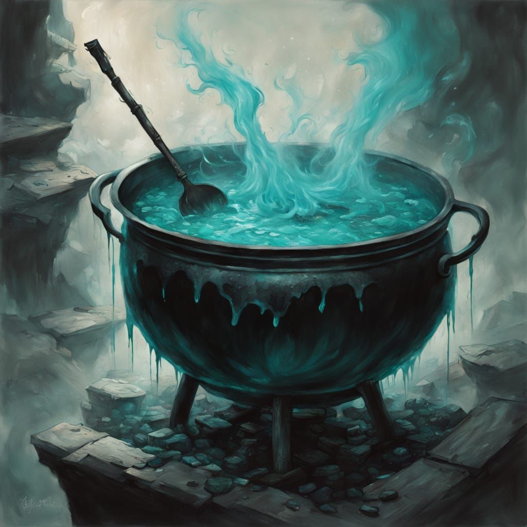 Cauldron filled with a boiling teal liquid 25