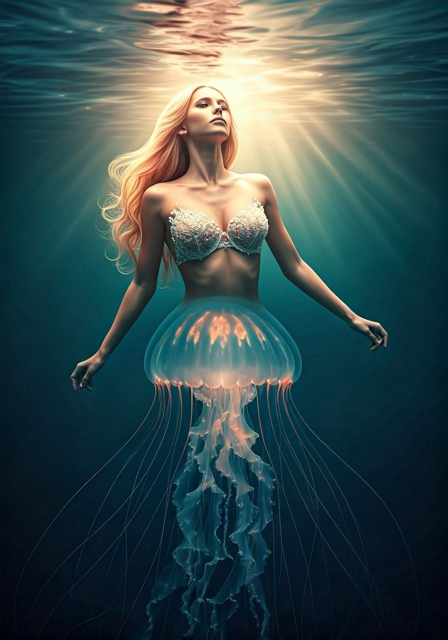 Jellyfish Mermaid in Surreal Underwater World
