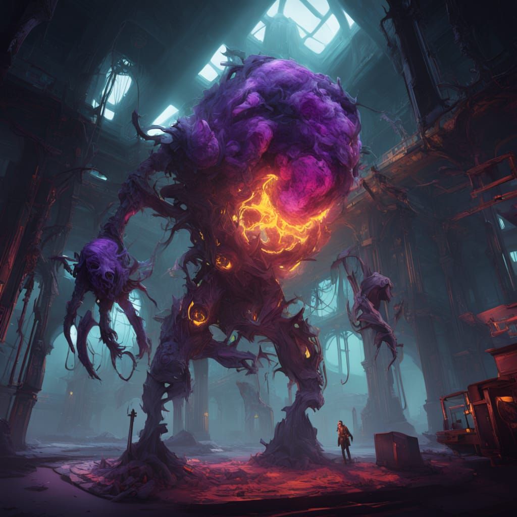 Colossal Mutant Hybrid in Ruined Lab: Dark Sci-Fi Art