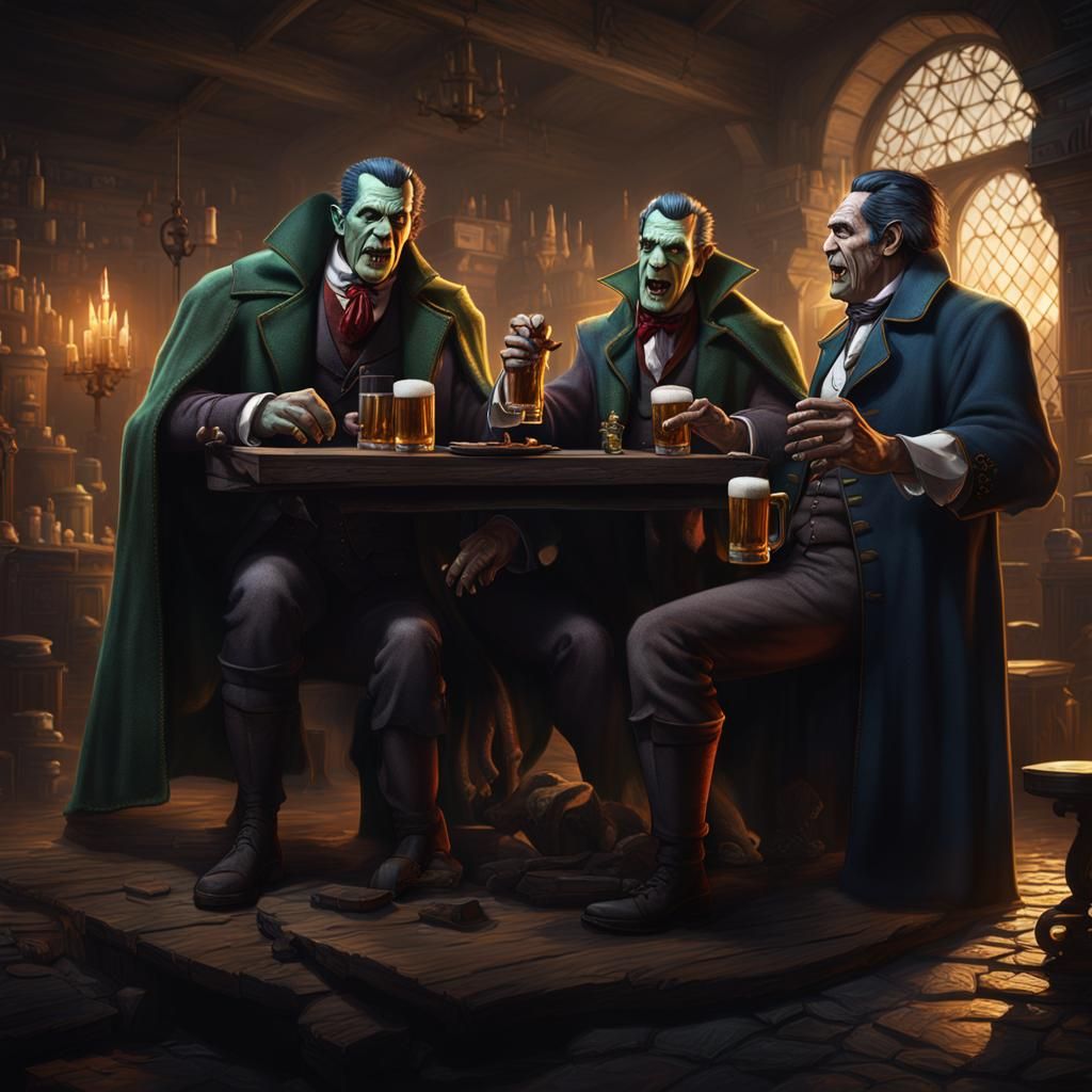 Dracula, Frankenstein, and Werewolf Enjoying Beers