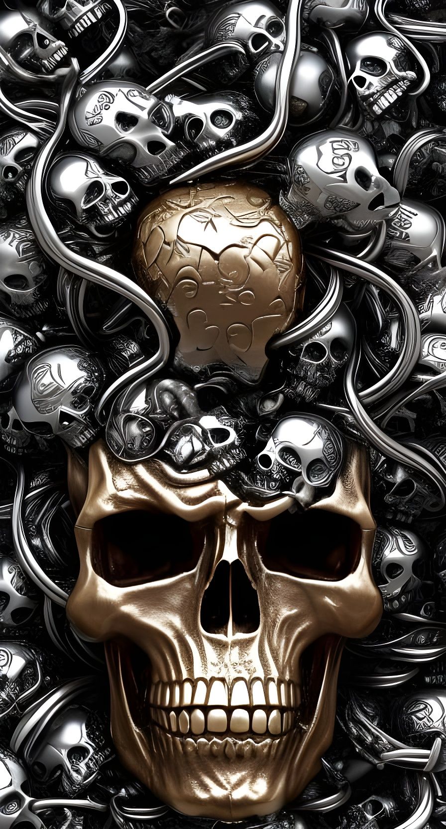 Silver Mechanical Skulls Photoillustration in Hyperrealism