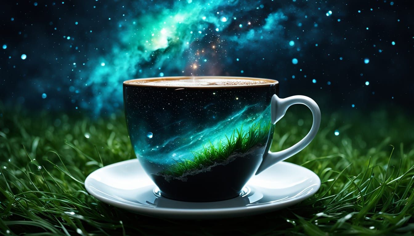 Cosmic Coffee Cup Floating in Ethereal Space