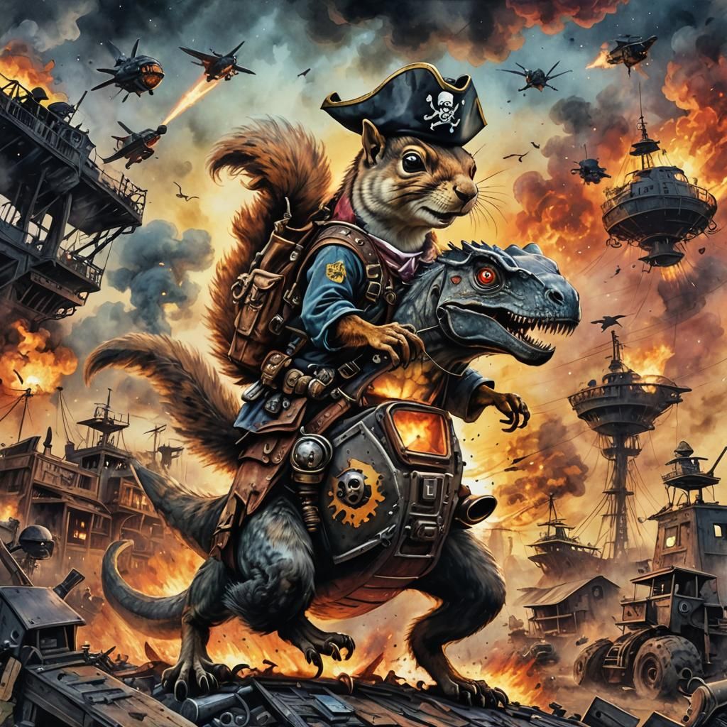 Pirate Squirrel Rides T-Rex in Epic Watercolor