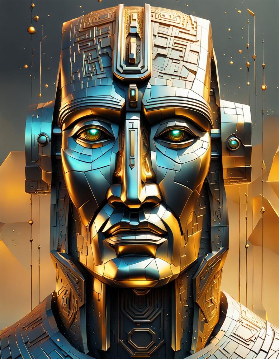 Futuristic Moai Illustration in Geometric Sci-Fi Style