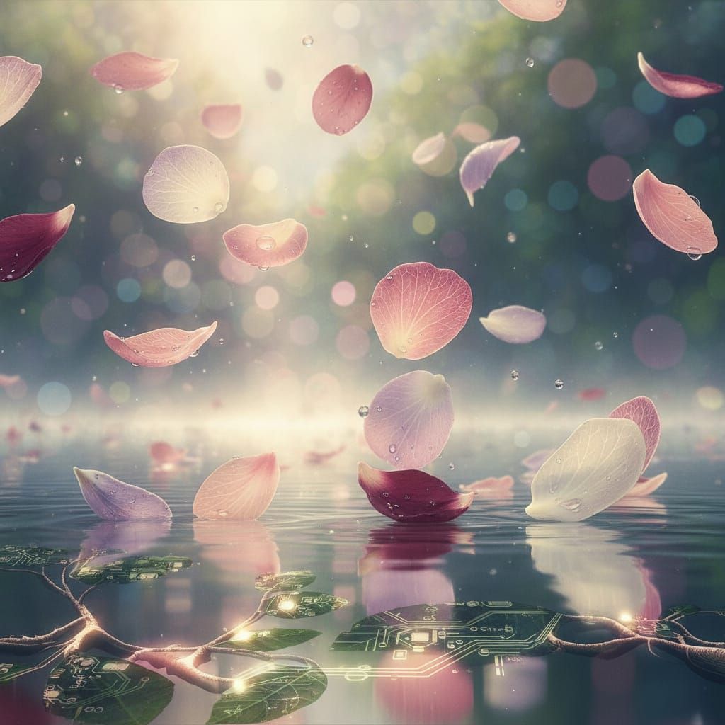 Cascading Flower Petals Reflecting in Water