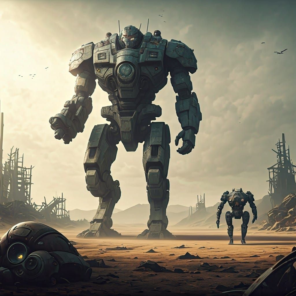 Colossal Robot in Wasteland: A Dystopian Vision