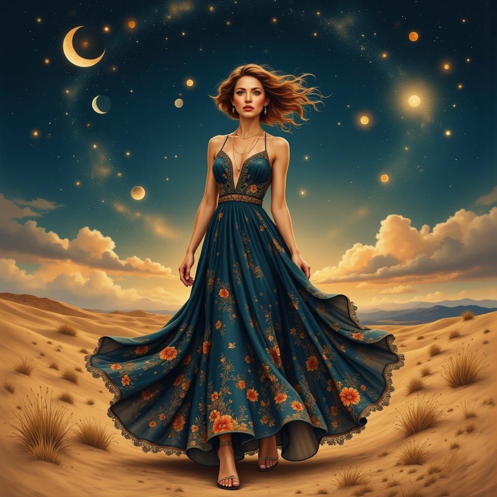 Woman in Silk Constellation Gown in Desert Night