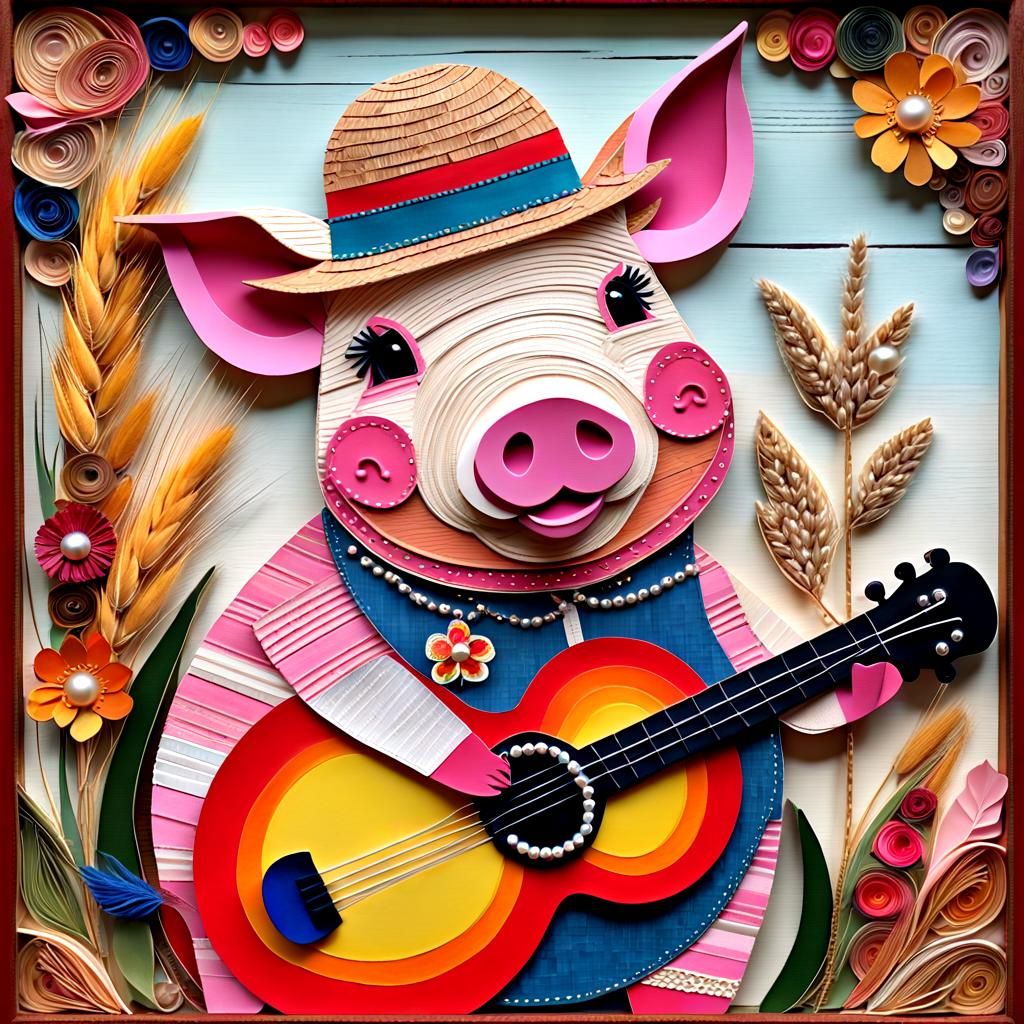 Patchwork Pig Plays Banjo in Mixed Media Collage