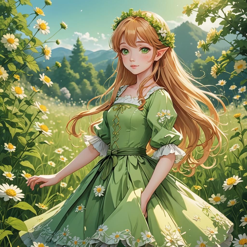 Fairy Princess in Flowering Meadow, Cel-Shaded Anime