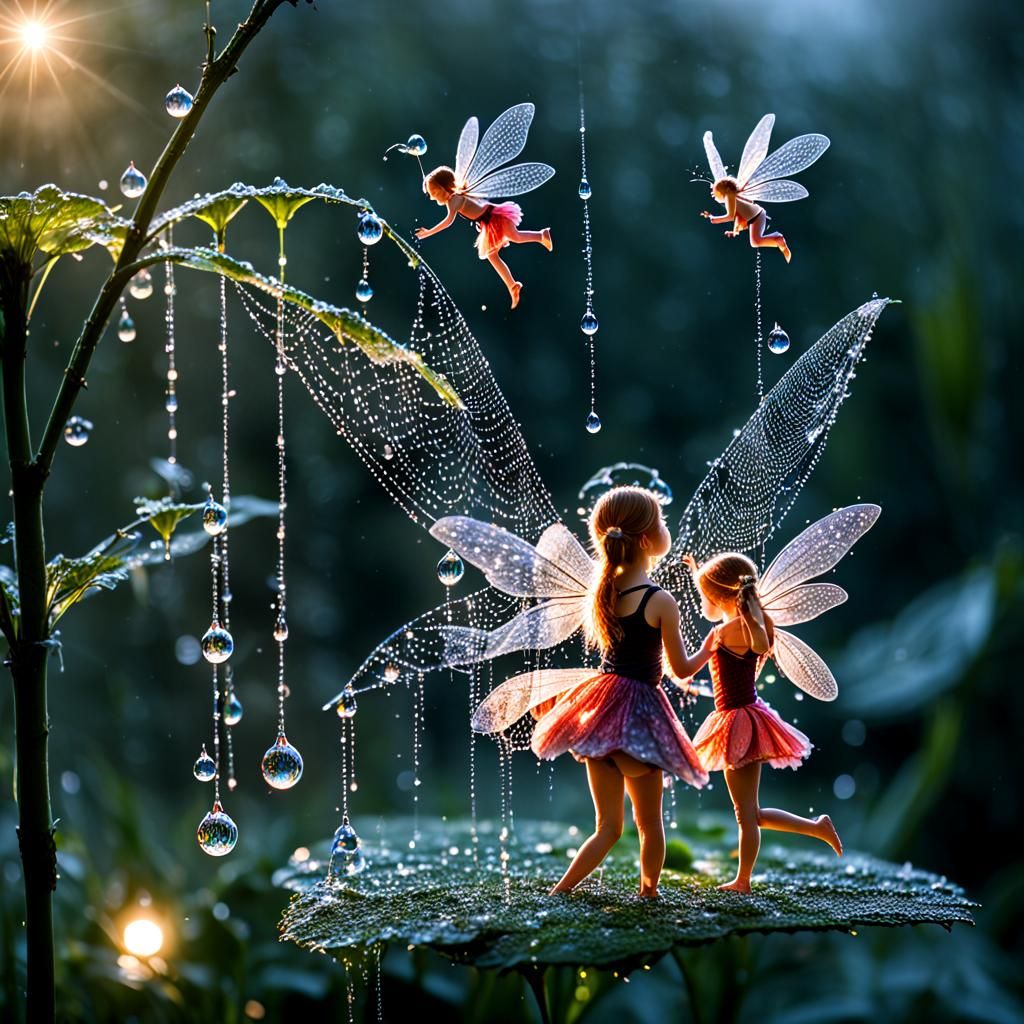 Fairies Apply Dewdrops to Spiderweb with Magic