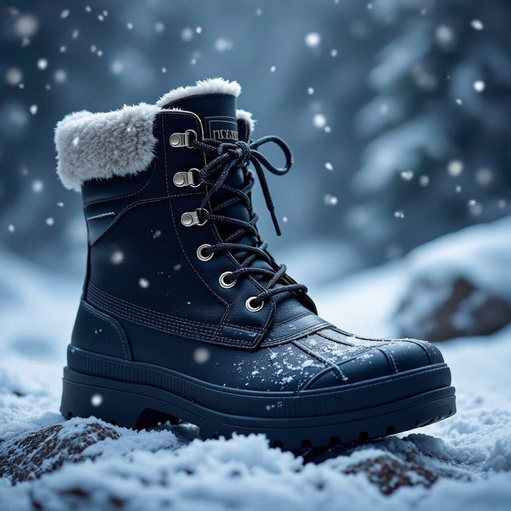 Premium Black Winter Boots on Frozen Rock in Cinematic Light...
