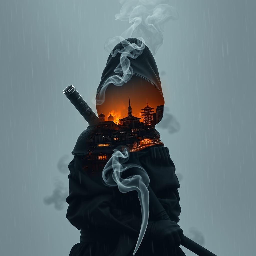 Ninja Smoke Silhouette with Burning City Double Exposure