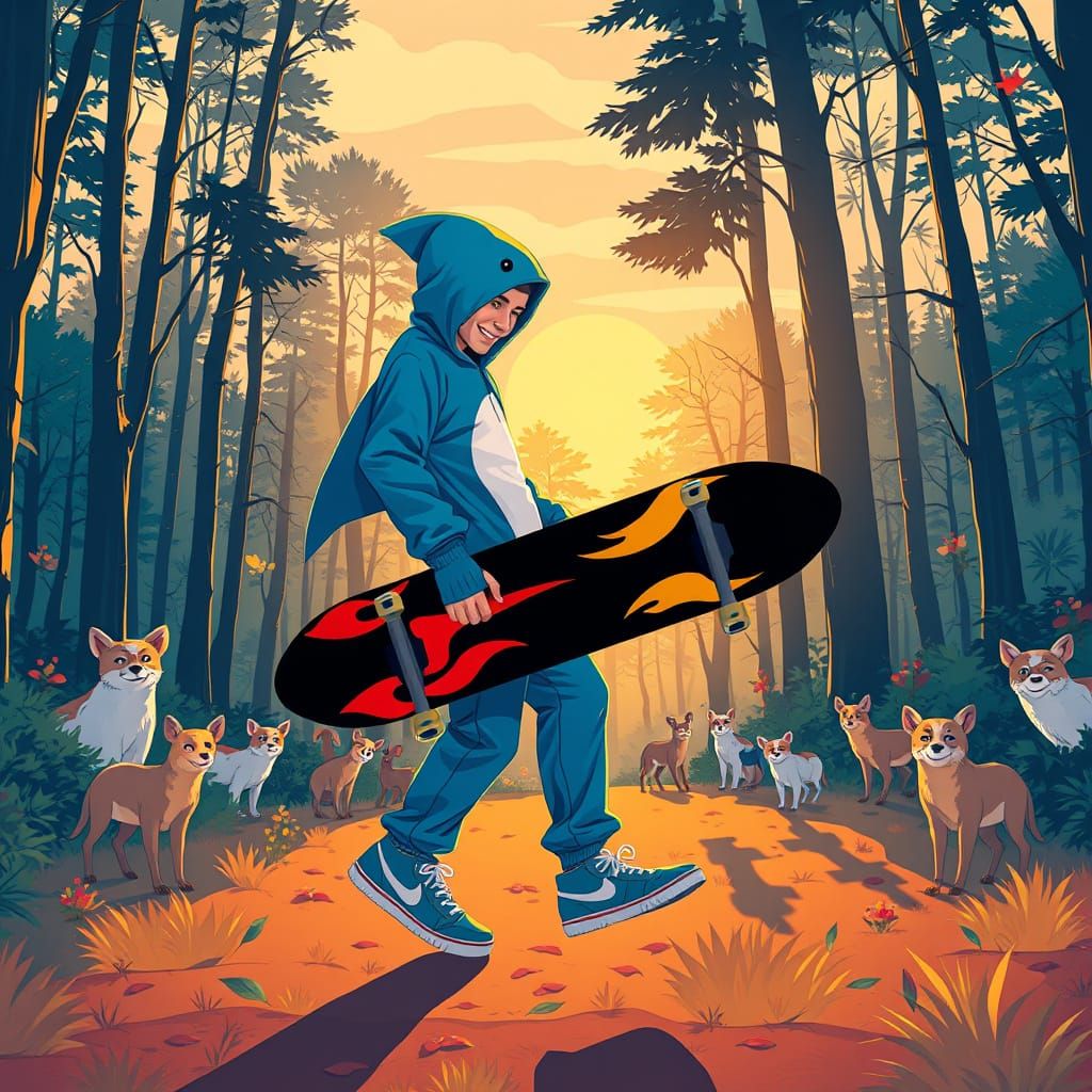 Skater in Shark Costume in Surreal Forest