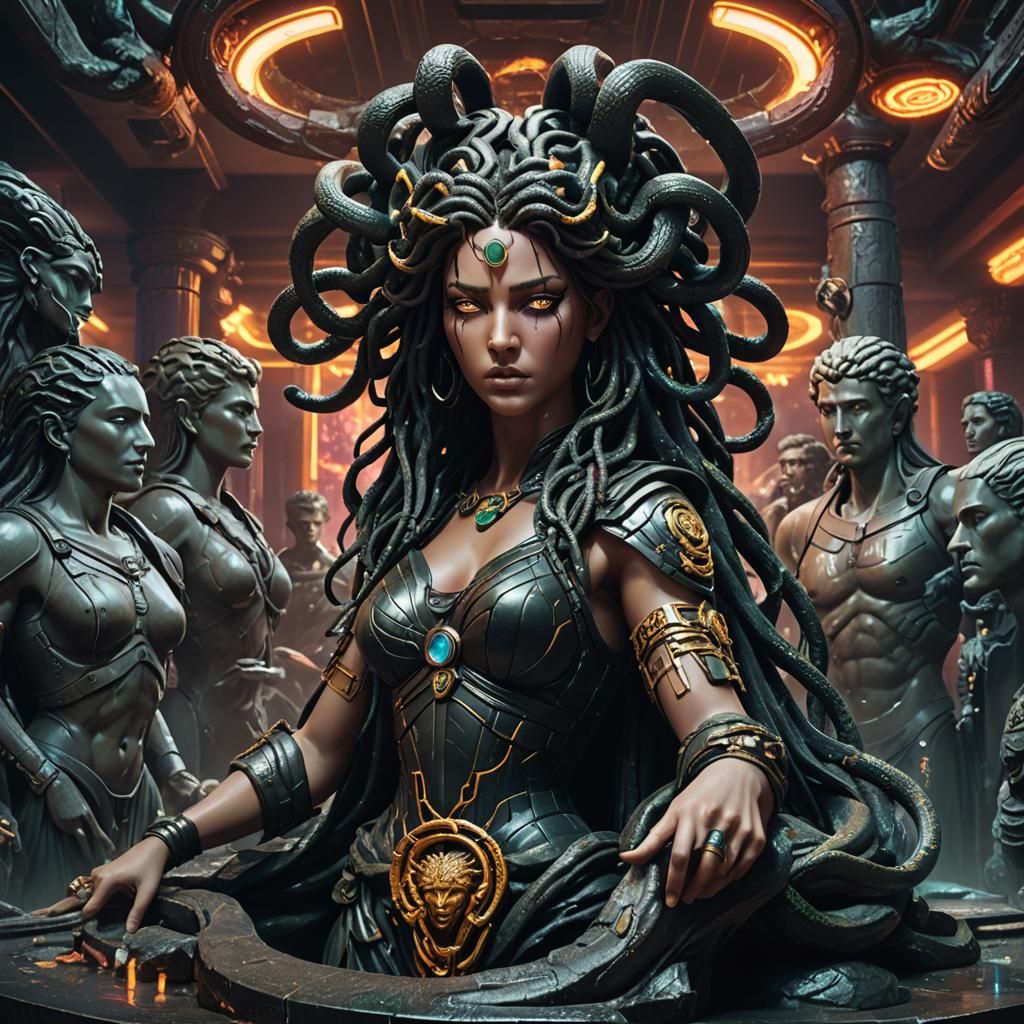 Modern Medusa in Cyberpunk Tavern with Stone Statues