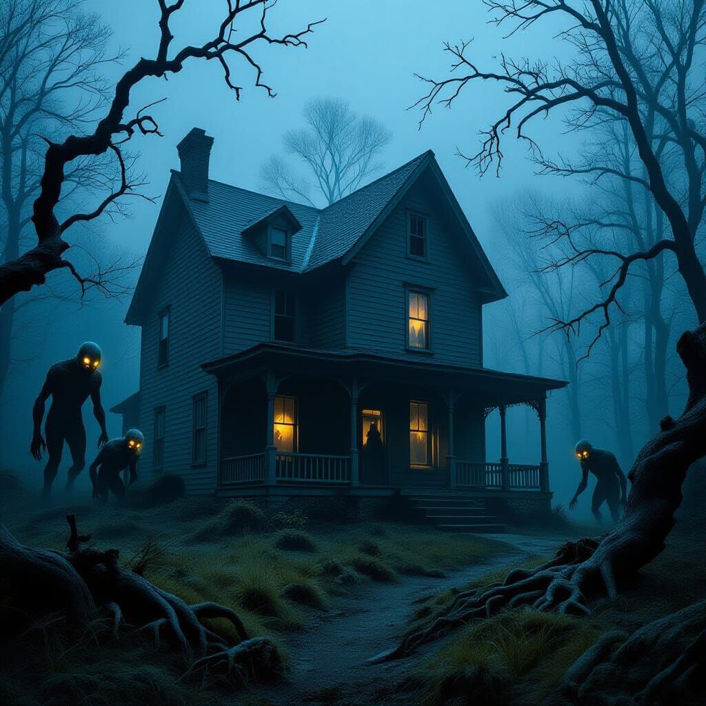 Creepy Appalachian House with Monsters in Beksiński Style